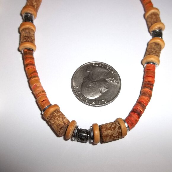 Vintage Necklace Orange Brown Silver Choker Unisex Beaded Fashion Jewelry D221 - Picture 2 of 6